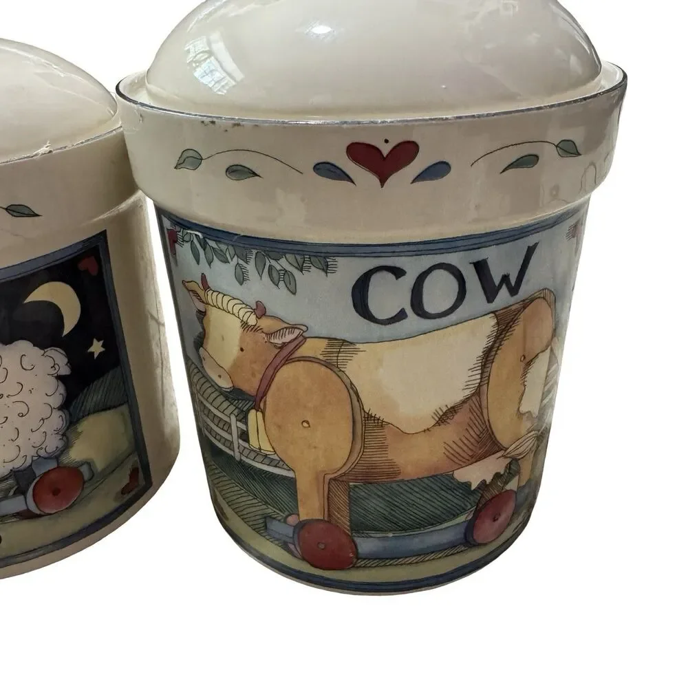 Susan Winget Farm Animals Canisters w/ Lids, Cow Sheep Hen Vintage 3 pc